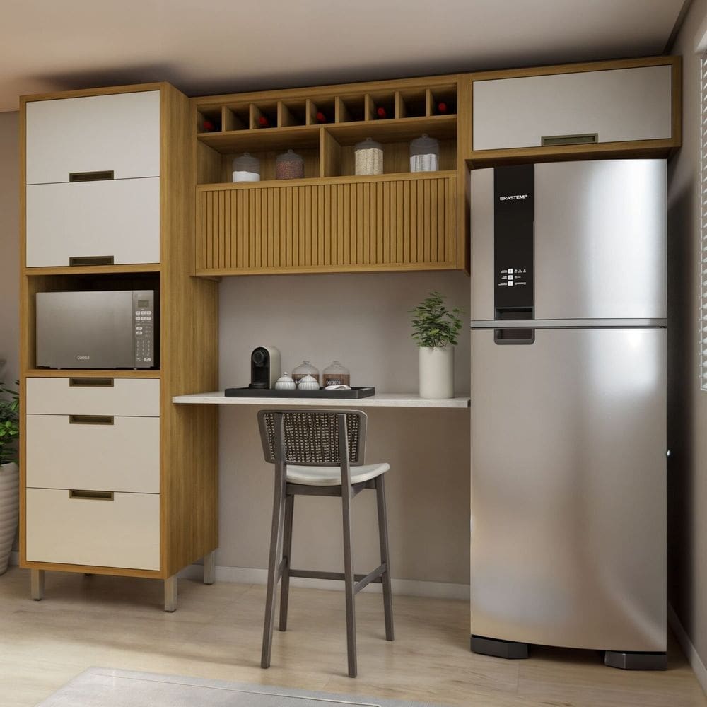 Cozinha 3 Peças Paneleiro Forno 2 Portas 3 Gavetas, Armário Aéreo 1 Porta e Armário Aéreo Geladeira Freijó/Off White