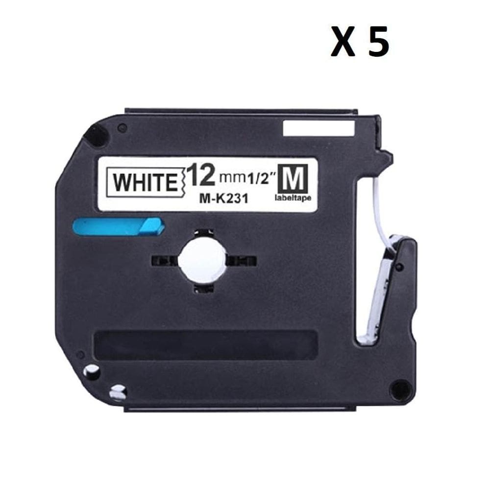 Kit 5 fita compatível brother m-k231 branca letra preta 12mm