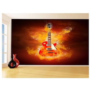 Papel De Parede 3D Musica Guitarra Fogo Chamas 3,5M Mus44