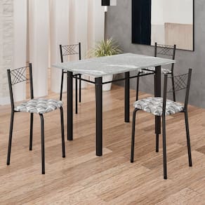 Conjunto Sala de Jantar Mesa Retangular 100x60cm Tampo Granito Topázio 4 Banquetas Maragogi Yescasa Mosaico Branco Preto/ Preto Fosco