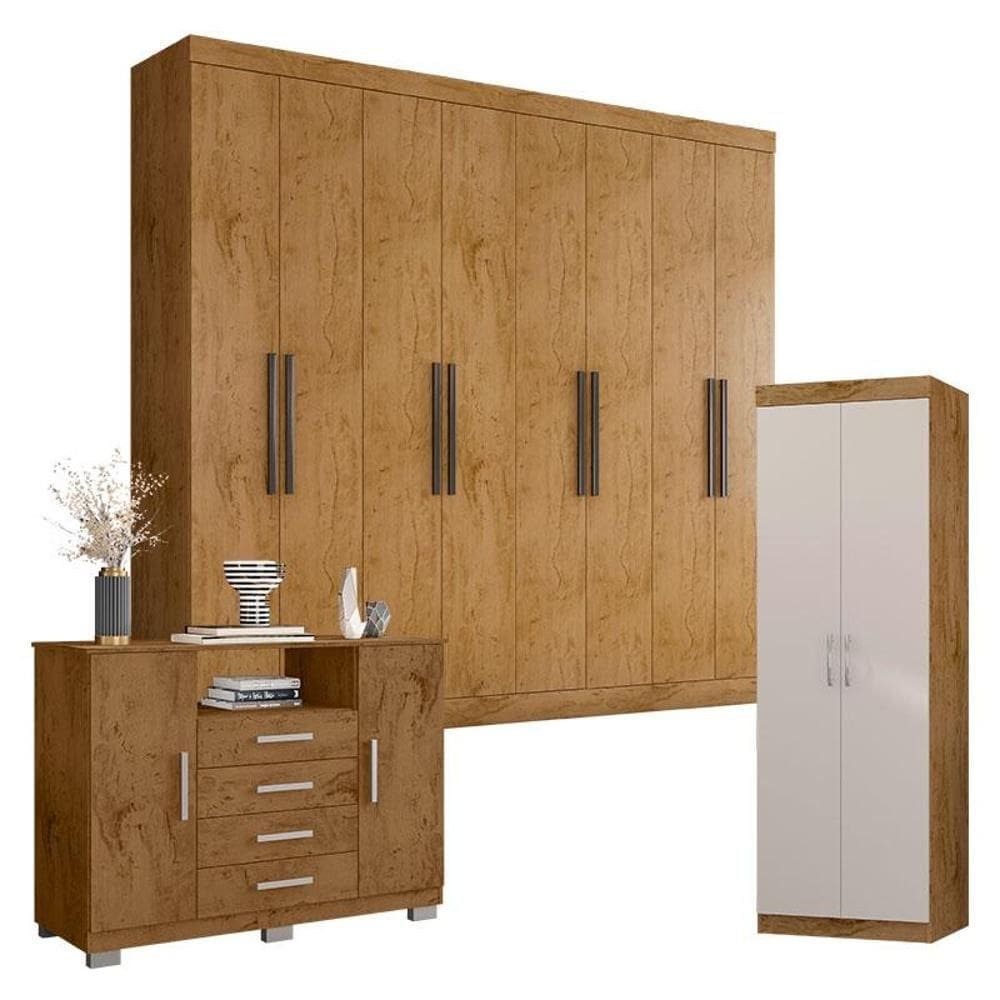 Guarda Roupa Casal 1684 com Multiuso 6020 e Cômoda 8020 Freijó - Araplac