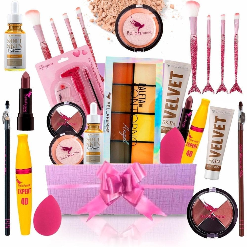 Combo pincel sombra base pó batom rímel bella femme