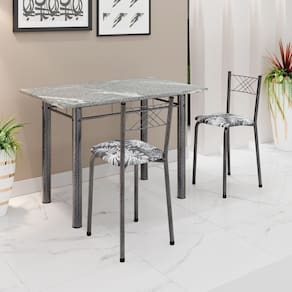 Conjunto Sala de Jantar Mesa Retangular 100x60cm Tampo Granito Topázio 2 Banquetas Maragogi Yescasa Preto Floral / Mart Prata