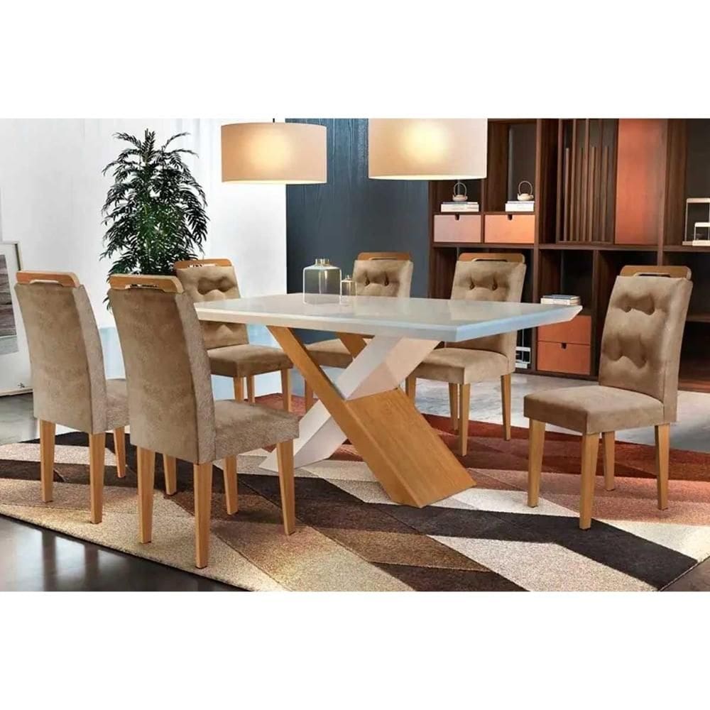 Sala de Jantar Completa Imperatriz Tampo Madeirado c/ Vidro Curvo 180x90 e 6 Cadeiras Imperatriz Imbuia/Veludo Capuccino - Rufato
