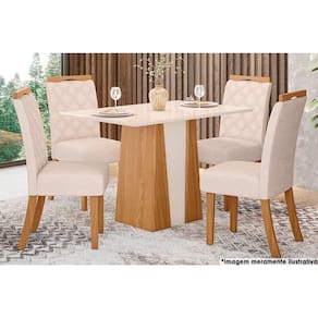 Sala de Jantar Completa Orus Tampo Madeirado c/ Vidro 120x80cm e 4 Cadeiras Bella Nature/Veludo Light Linho - Henn