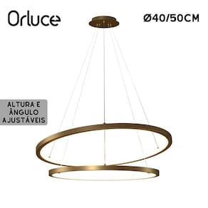 Lustre pendente orluce led 2 aros arco dourado 40/50cm 2700k