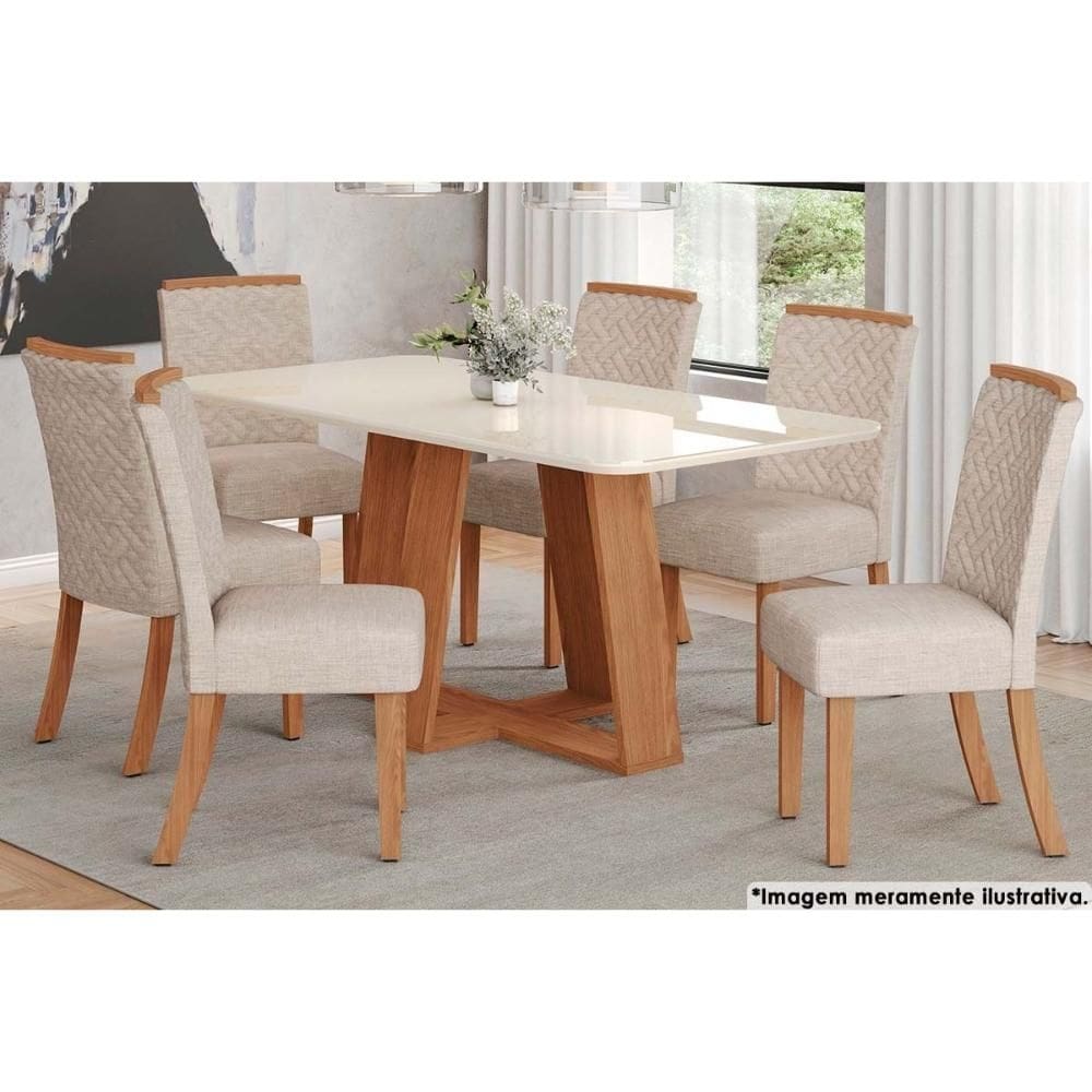 Sala de Jantar Completa Lins c/ Tampo Madeirado c/ Vidro Curvo 180x90cm e 6 Cadeiras Malu Nature/Veludo Light Linho - Henn