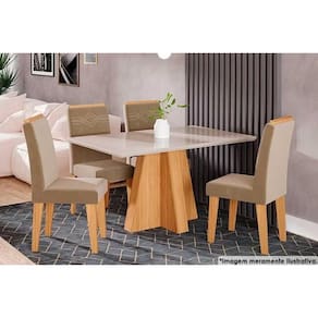 Sala de Jantar Completa Patricia c/ Tampo Madeirado c/ Vidro Canto Reto 130x80cm e 4 Cadeiras Tais Savana/Nature/Suede Capuccino - Cimol