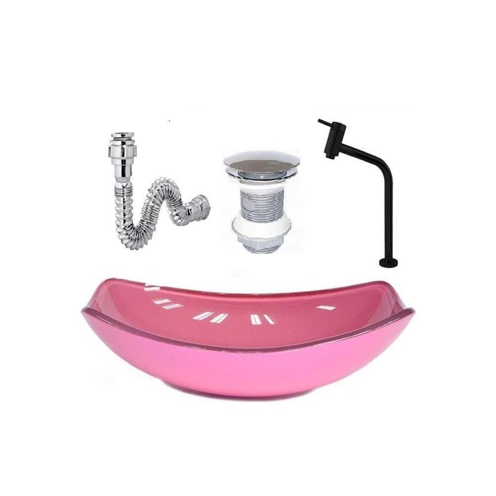 Cuba vidro chanfrada rosa + valvula + torneira preta + sifao