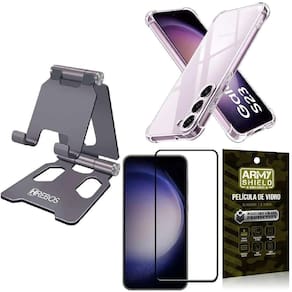Kit suporte smartphone cinza: capinha antishock, película de vidro 3d e suporte 360