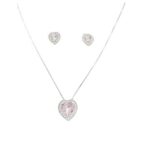 Conjunto prata 925 brinco e colar coração moldura cravejado