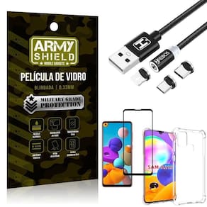 Capinha samsung a21s + cabo magnético 2m + pelicula 3d army