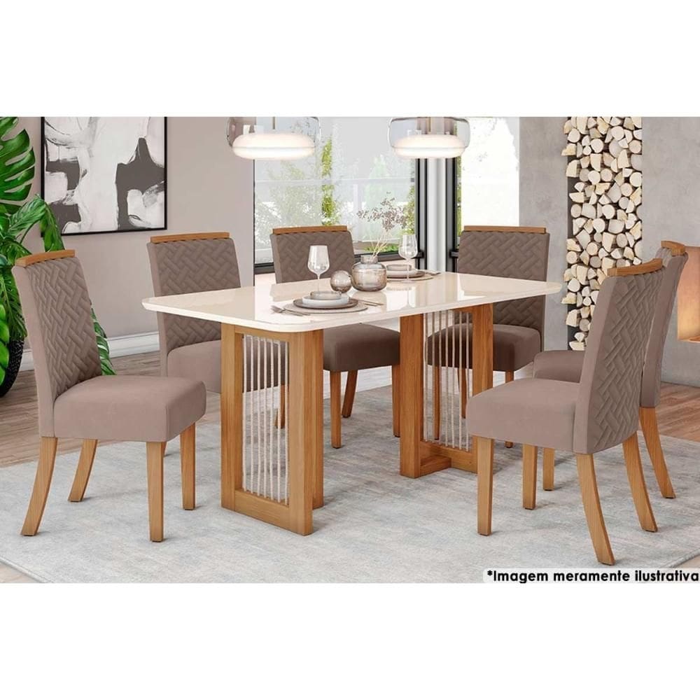 Sala de Jantar Completa Yara c/ Tampo Madeirado c/ Vidro Curvo 160x90cm e 6 Cadeiras Malu Nature/Marrom Amêndoa - Henn