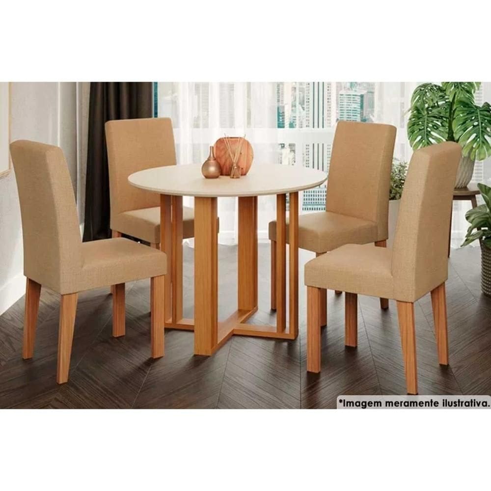 Sala de Jantar Completa Flora c/ Tampo Madeirado 93cm e 4 Cadeiras Maia Nature/Suede Gengibre Bege - Cimol