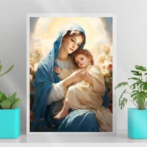 Quadro maria com menino jesus 24x18cm - moldura branca