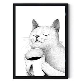 Pintura decorativa Gato bebendo café 30x40cm