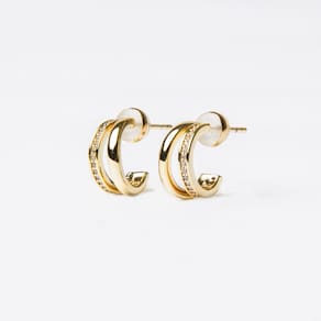 Brincos duplos de strass médio banhados a ouro em cobre 14k