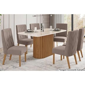 Sala de Jantar Completa Solana c/ Tampo Madeirado c/ Vidro Curvo 160x90cm e 6 Cadeiras Nina Nature/Veludo Light Marrom Amêndoa - Henn
