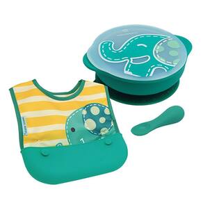 Kit tigela babador e colher em silicone elefante