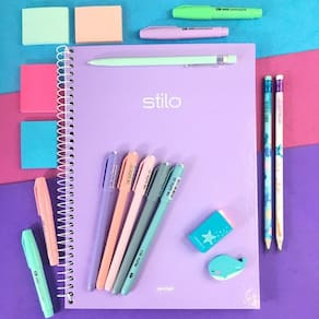 Kit papelaria estudos tons pateis neon caderno canetas