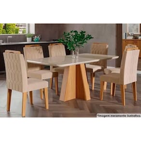 Sala de Jantar Completa Maite c/ Tampo Madeirado c/ Vidro Canto Curvo 160X80cm e 6 Cadeiras Paola Nature-Madeirado/Suede Nude - Cimol