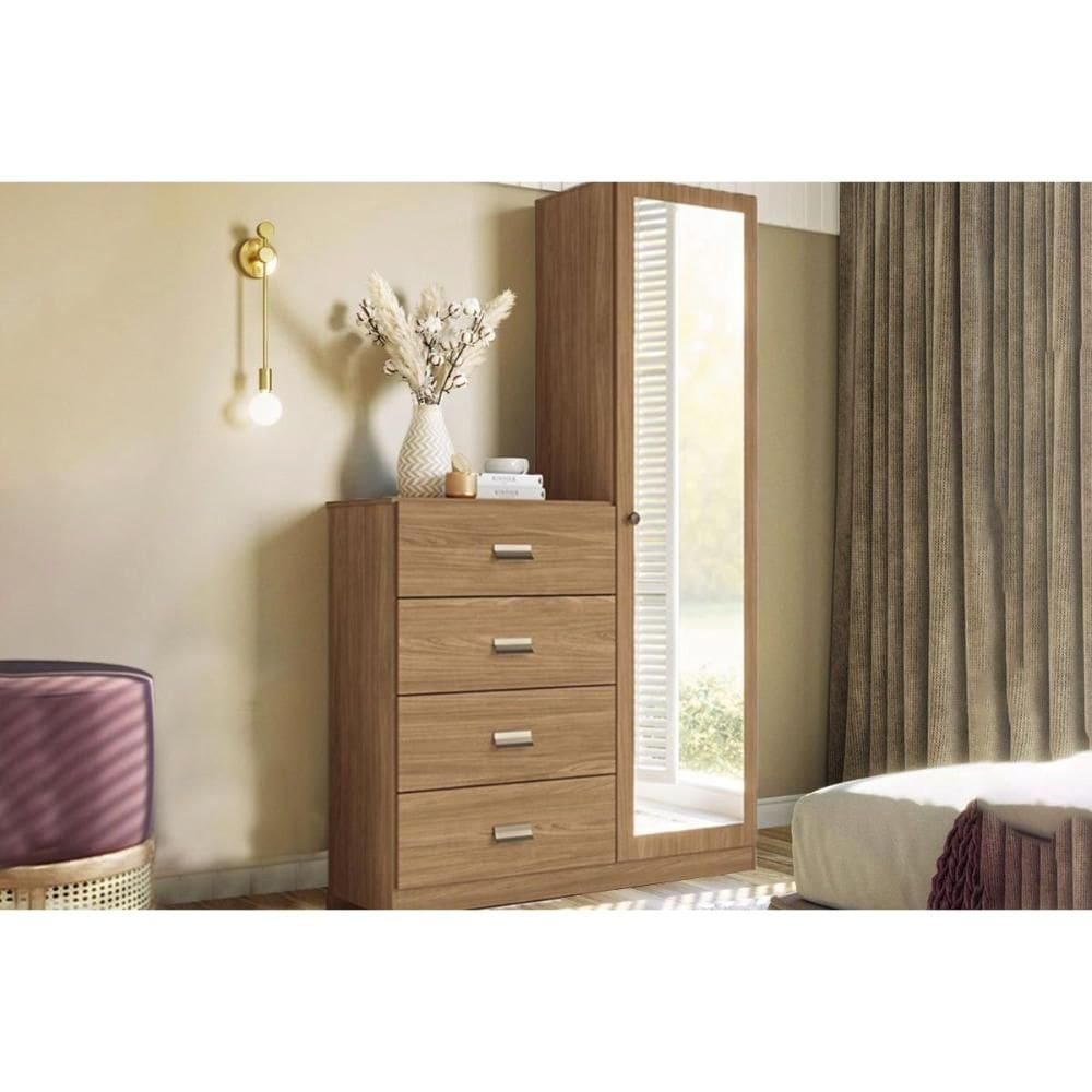 Cômoda de Quarto Estilo c/ 1 Porta c/ Espelho e 4 Gavetas Jatoba - Santos Andirá