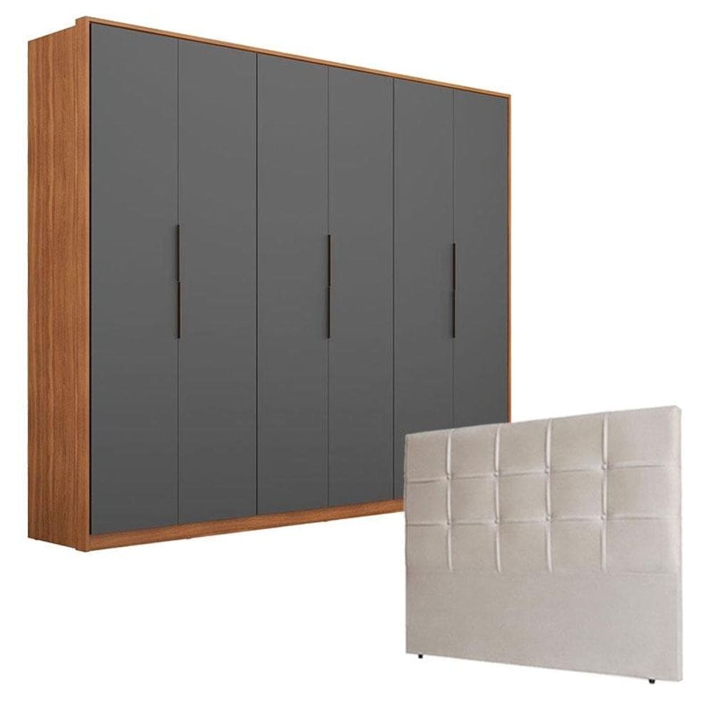 Guarda Roupa Atrice 6 Portas Amêndola Grafito com Cabeceira Luiza 140 cm Marfim – Demartêz