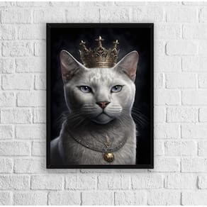 Quadro decorativo gato branco coroa 33x24cm - vidro preta