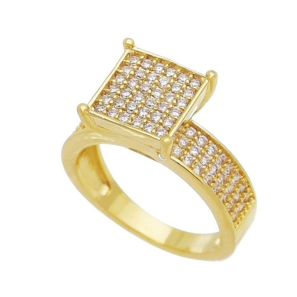 Anel Feminino Quadrado e Laterais Cravejados em Zircônias Banhado em Ouro 18k