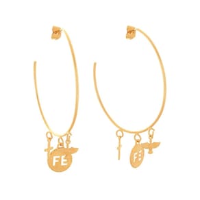 Brinco Feminino de Argola Fé, Espirito Santo e Cruz Banhado em Ouro 18k