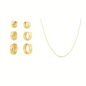 Compre Trio Brinco Liso Ganhe Colar 45cm Banhado Ouro 18k