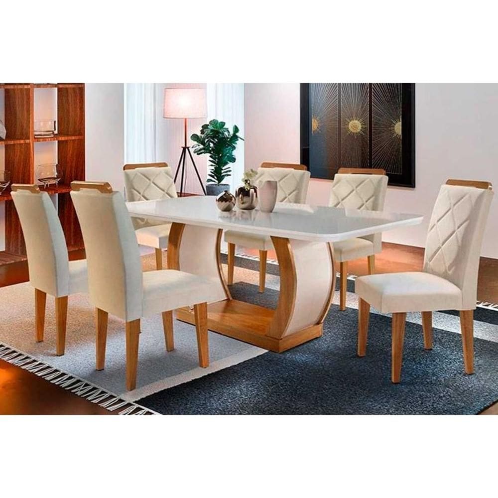 Sala de Jantar Completa Jade Tampo Madeirado c/ Vidro Curvo 180x90 e 6 Cadeiras Melissa Imbuia/Veludo Creme/Pérola - Rufato