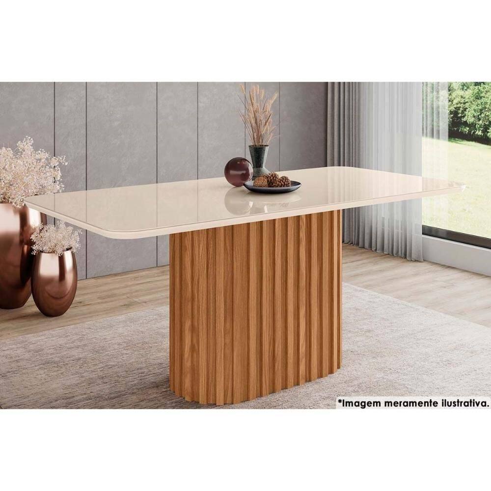 Mesa de Sala Jantar Solana SC84 c/Tampo Madeirado Vidro Curvo 180x90cm Nature/Off White - Henn