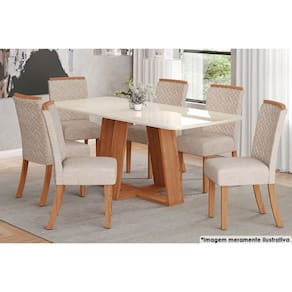 Sala de Jantar Completa Lins c/ Tampo Madeirado c/ Vidro Curvo 200x90cm e 6 Cadeiras Malu Nature/Veludo Light Linho - Henn