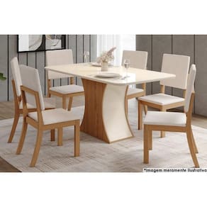 Sala de Jantar Completa Luiza Tampo Curvo Madeirado c/Vidro 160x80cm e 6 Cadeiras Milla Nature/Veludo Light Linho - Henn