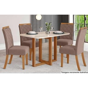 Sala de Jantar Completa Natalí c/ Tampo Madeirado c/ Vidro Curvo 120x80cm e 4 Cadeiras Bella Nature/Marrom Amêndoa - Henn