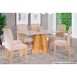 Sala de Jantar Completa Patricia c/ Tampo Madeirado c/ Vidro Canto Reto 160x80cm e 6 Cadeiras Paola Nature-Madeirado/Suede Nude - Cimol