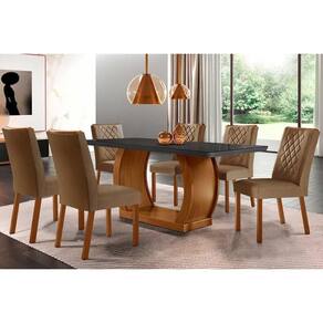 Sala de Jantar Completa Jade Tampo Madeirado c/ Vidro Curvo 180x90 e 6 Cadeiras Jade Imbuia/Veludo Capuccino - Rufato
