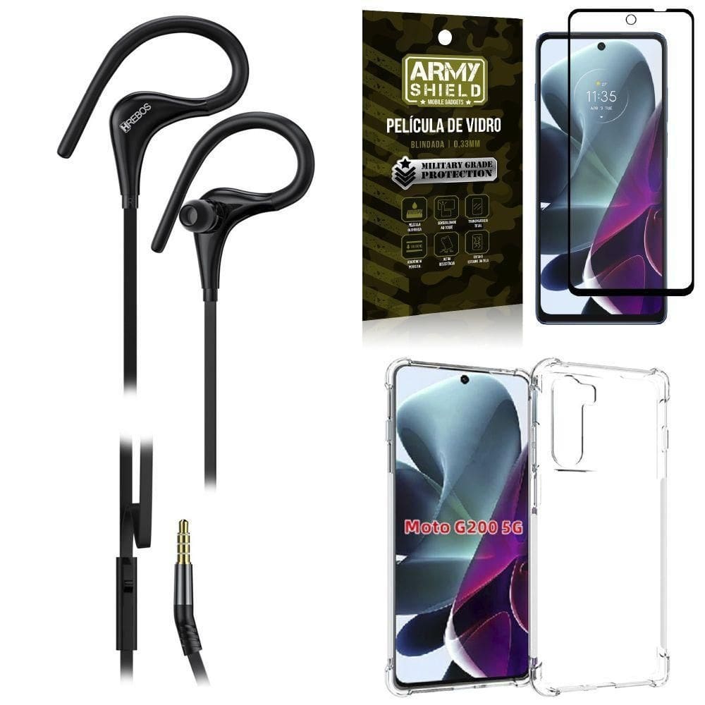Capinha moto g200 5g + fone sport hs92 + película 3d