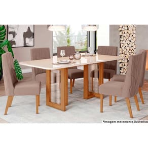 Sala de Jantar Completa Yara c/ Tampo Madeirado c/ Vidro Curvo 200x90cm e 6 Cadeiras Eloa Nature/Veludo Light Marrom Amêndoa - Henn