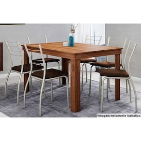 Sala de Jantar Completa 1543 c/ Tampo Madeirado 136x80cm e 6 Cadeiras 1700 Prata - Assento Courano Cacau - Carraro