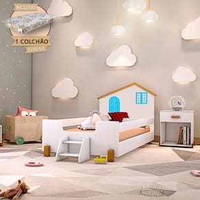 Cama Montessoriana Infantil Juvenil Belissima Azul - Branco E Castanho Claro + Colchão