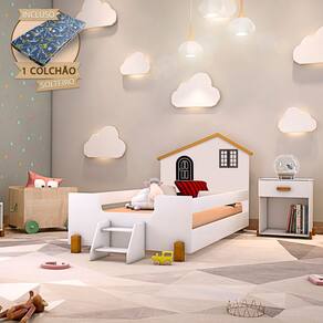 Cama Montessoriana Infantil Solteiro Belissima Preta - Branca E Castanho Claro + Colchão
