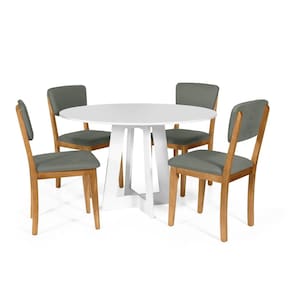 Mesa de Jantar Redonda Montreal Branca com 4 Cadeiras Estofadas Ella Cinza