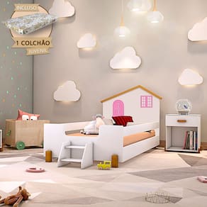 Cama Infantil Juvenil Belissima Rosa - Branca E Castanho Claro + Colchão