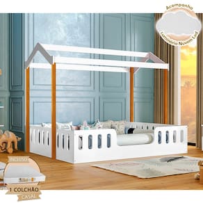 Cama Infantil Com Colchão D28 Casal Casinha Segura Montessoriana Ágatha Branco/Castanho Claro + Luminária