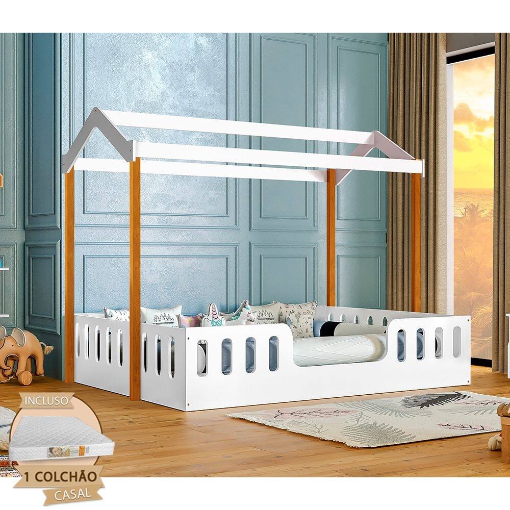Cama Casal Casinha Montessoriana Ágatha Com Colchão D28 - Branco/Castanho Claro