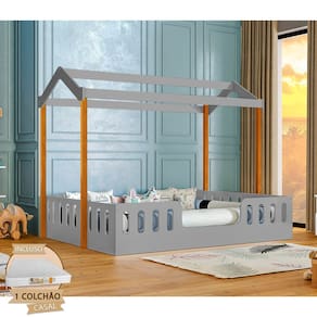 Cama Infantil Com Colchão D28 Casal Casinha Segura Montessoriana Ágatha Cinza E Castanho Claro