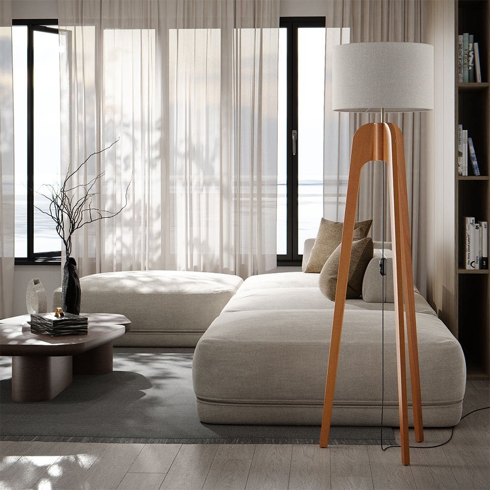 Luminária Premium Abajur de Chão Paris Madeira Maciça Cupula Palha