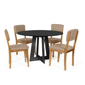 Mesa de Jantar Redonda Montreal Preta com 4 Cadeiras Estofadas Ella Marrom Claro